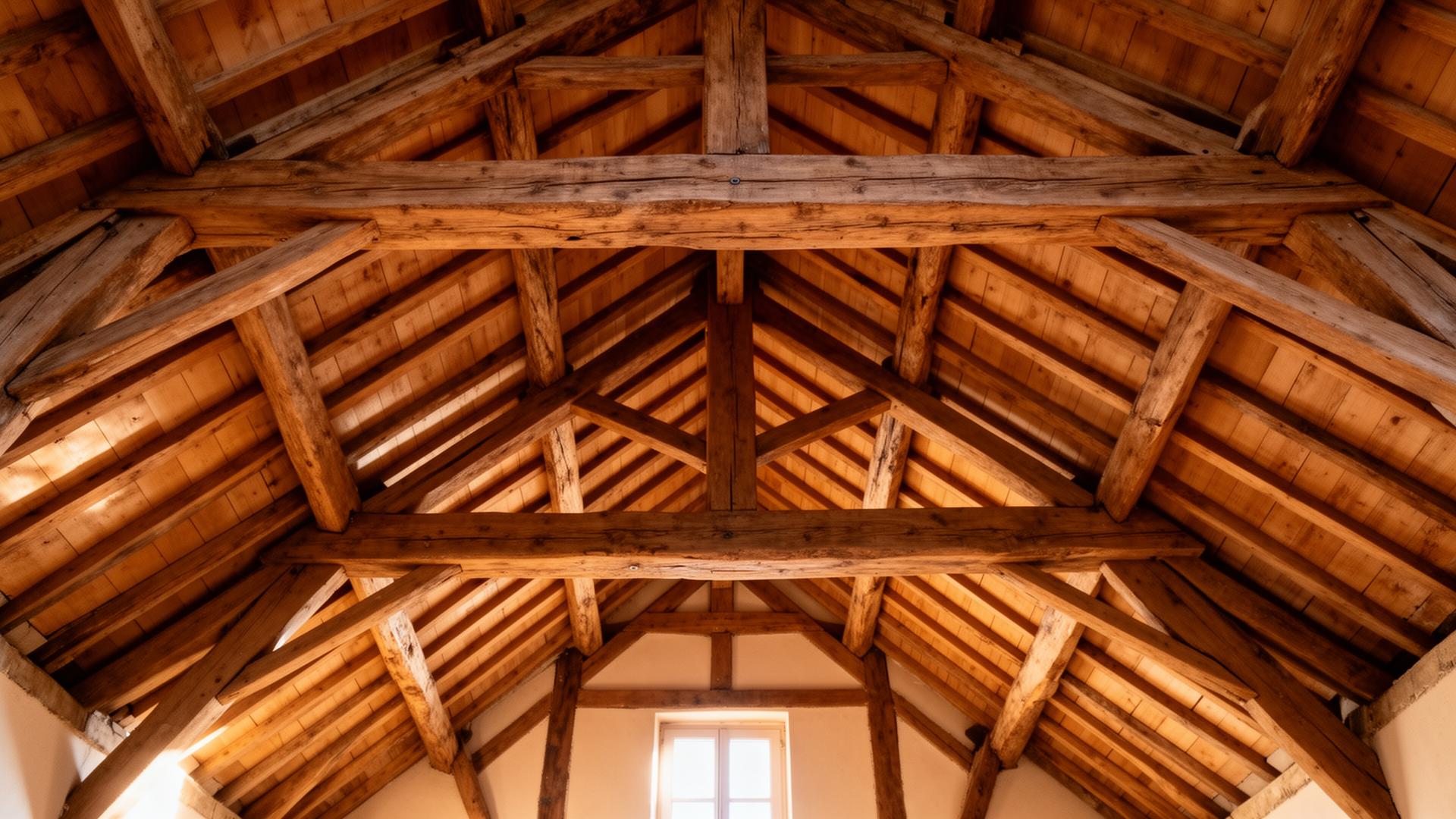 Charpente bois traditionnelle vue de l'intérieur